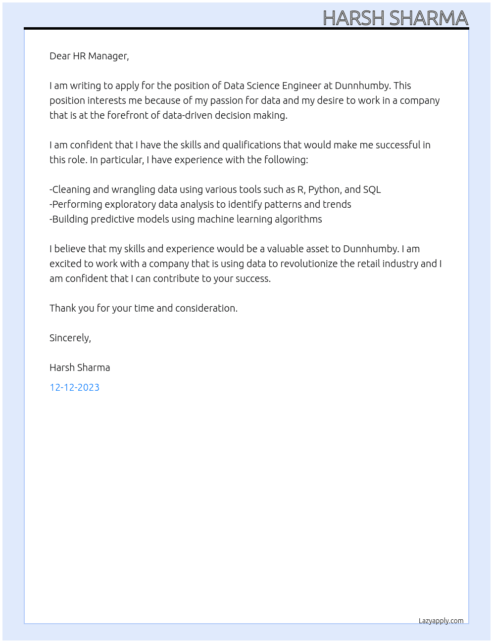 Data Science Engineer At Dunnhumby Cover Letter