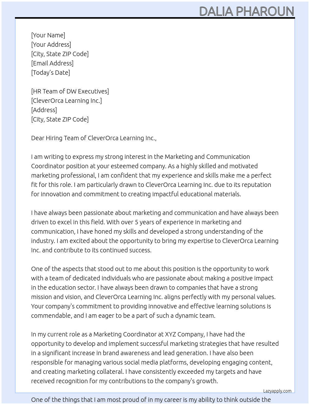 Marketing and Communication Coordinator At CleverOrca Learning Inc. Cover Letter