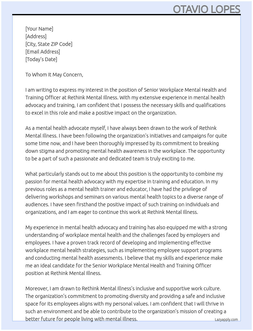 Senior Workplace Mental Health and Training Officer At Rethink Mental Illness Cover Letter