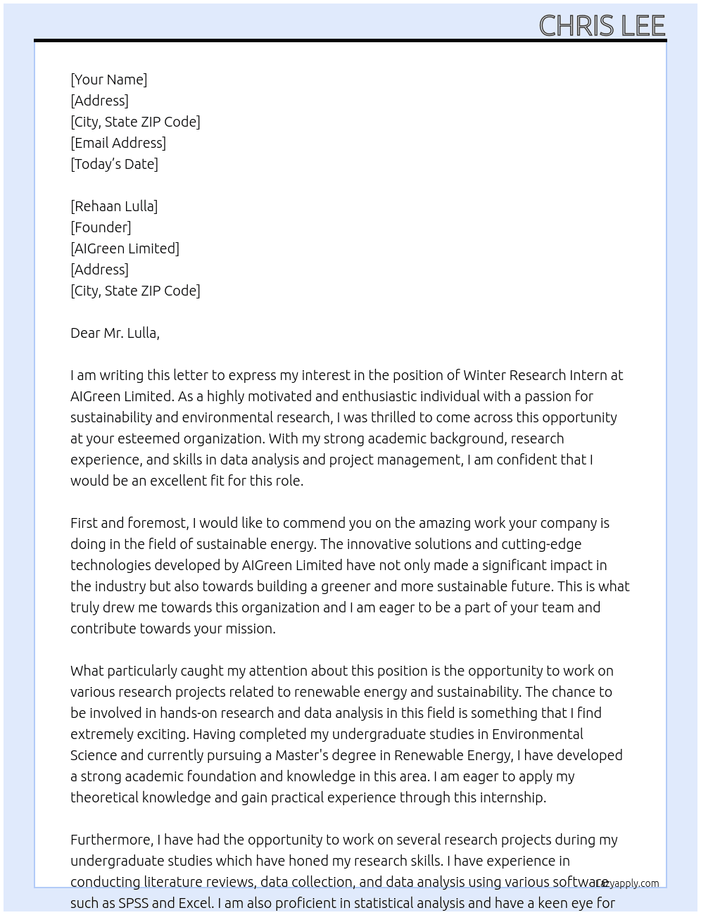 winter research intern At AIGreen Limited Cover Letter
