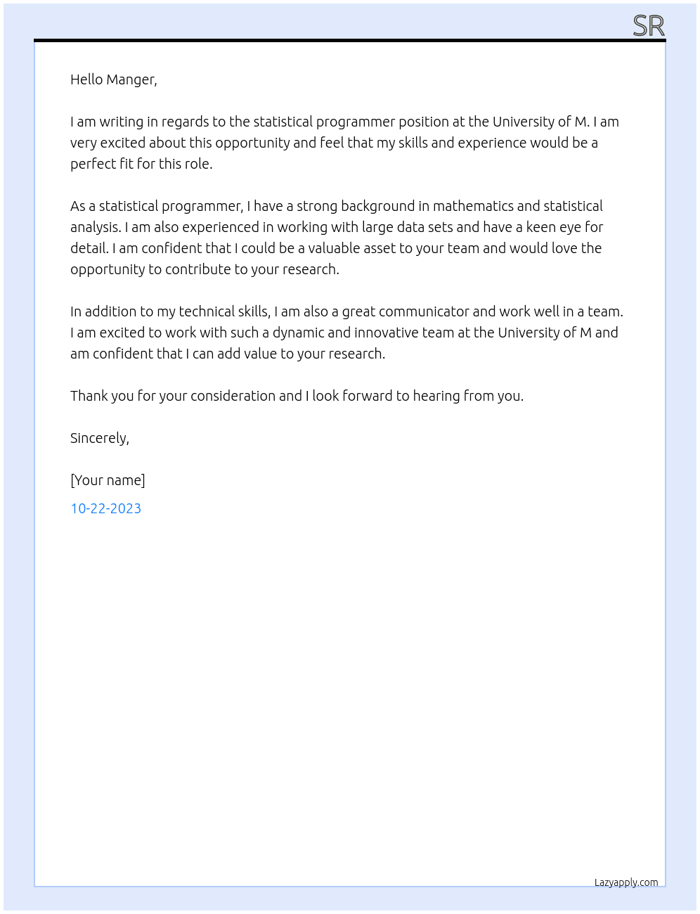 statistical programmer At university of m Cover Letter