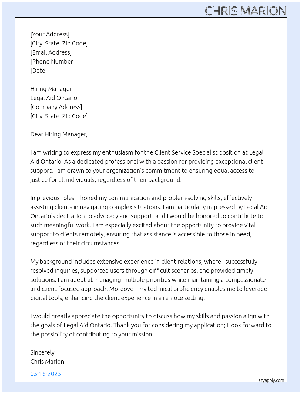 Cover letter for client service specialist - LazyApply