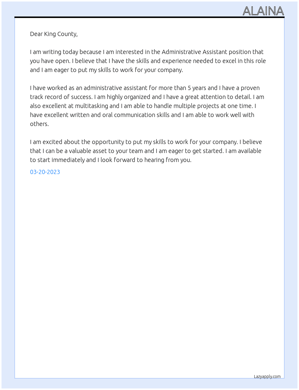 Administrative Assistant At King County Cover Letter