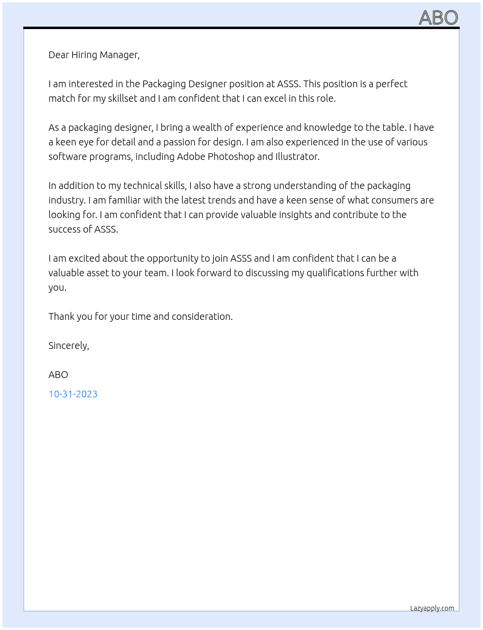 Packaging Desinger  At ASSS Cover Letter