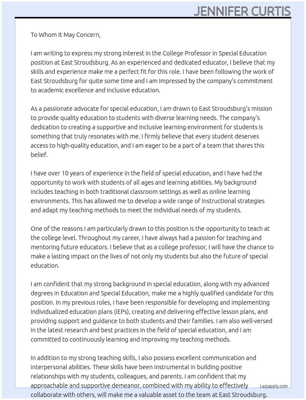 college professor in special educaition At East Stroudsburg Cover Letter
