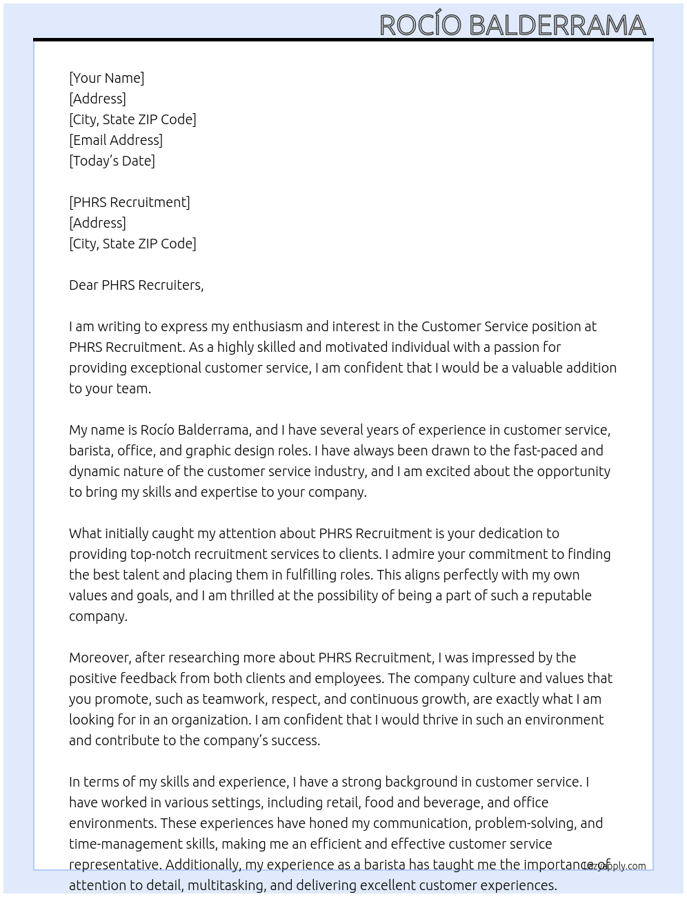 Costumer service At PHRS Recruitment  Cover Letter