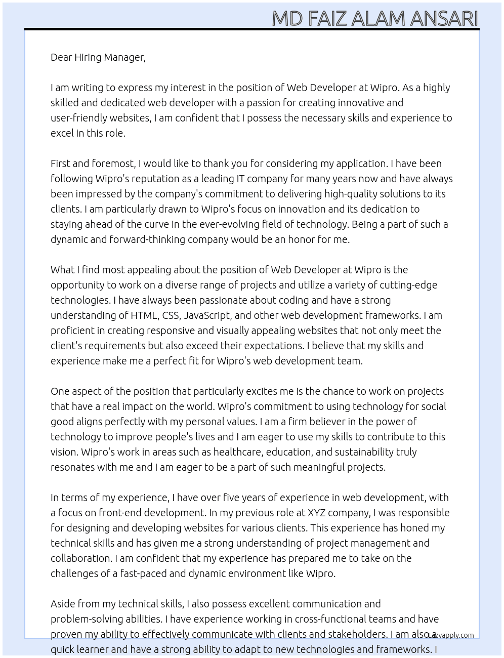 Web Devloper At Wipro Cover Letter