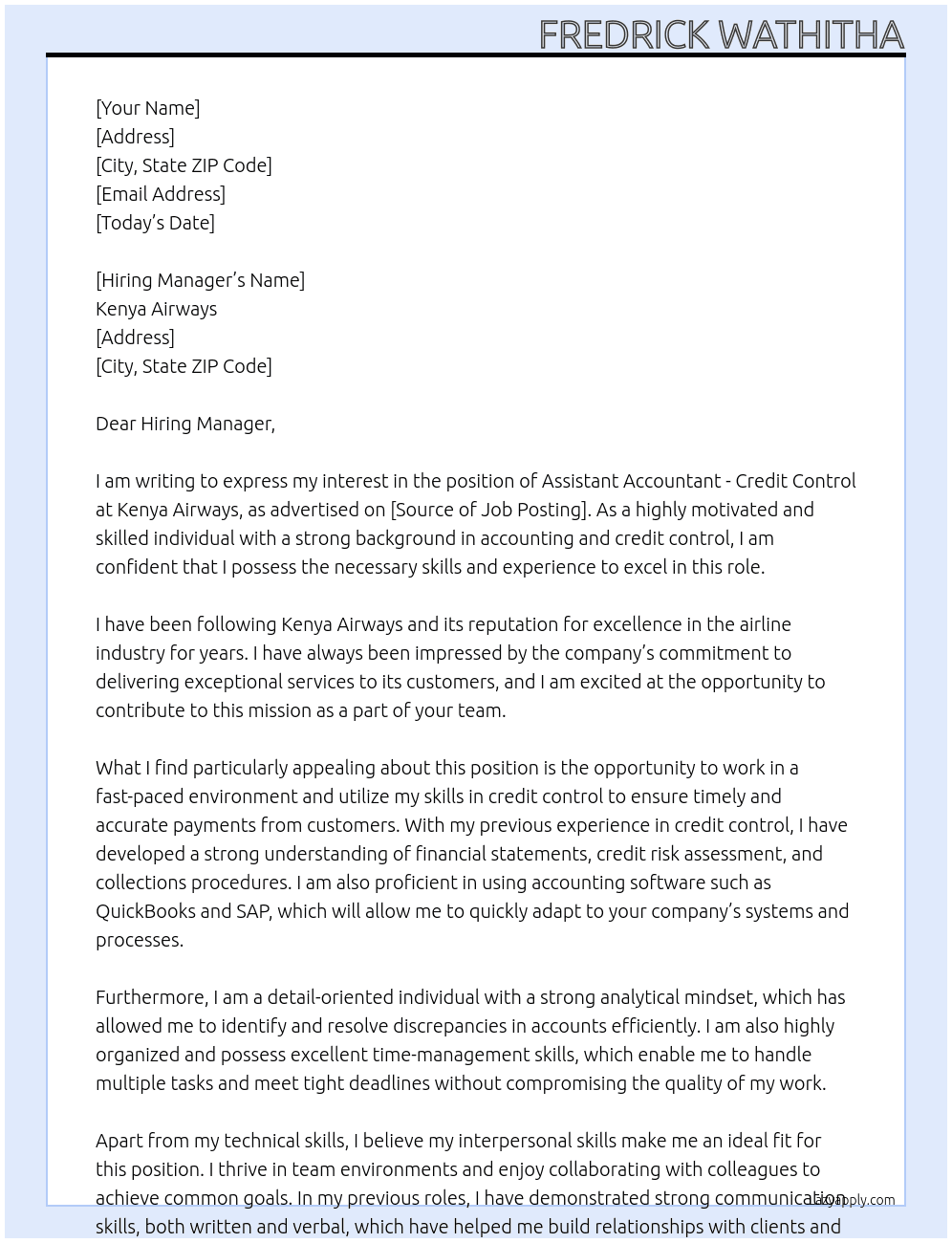 Assistant Accountant - Credit Control At Kenya Airways Cover Letter