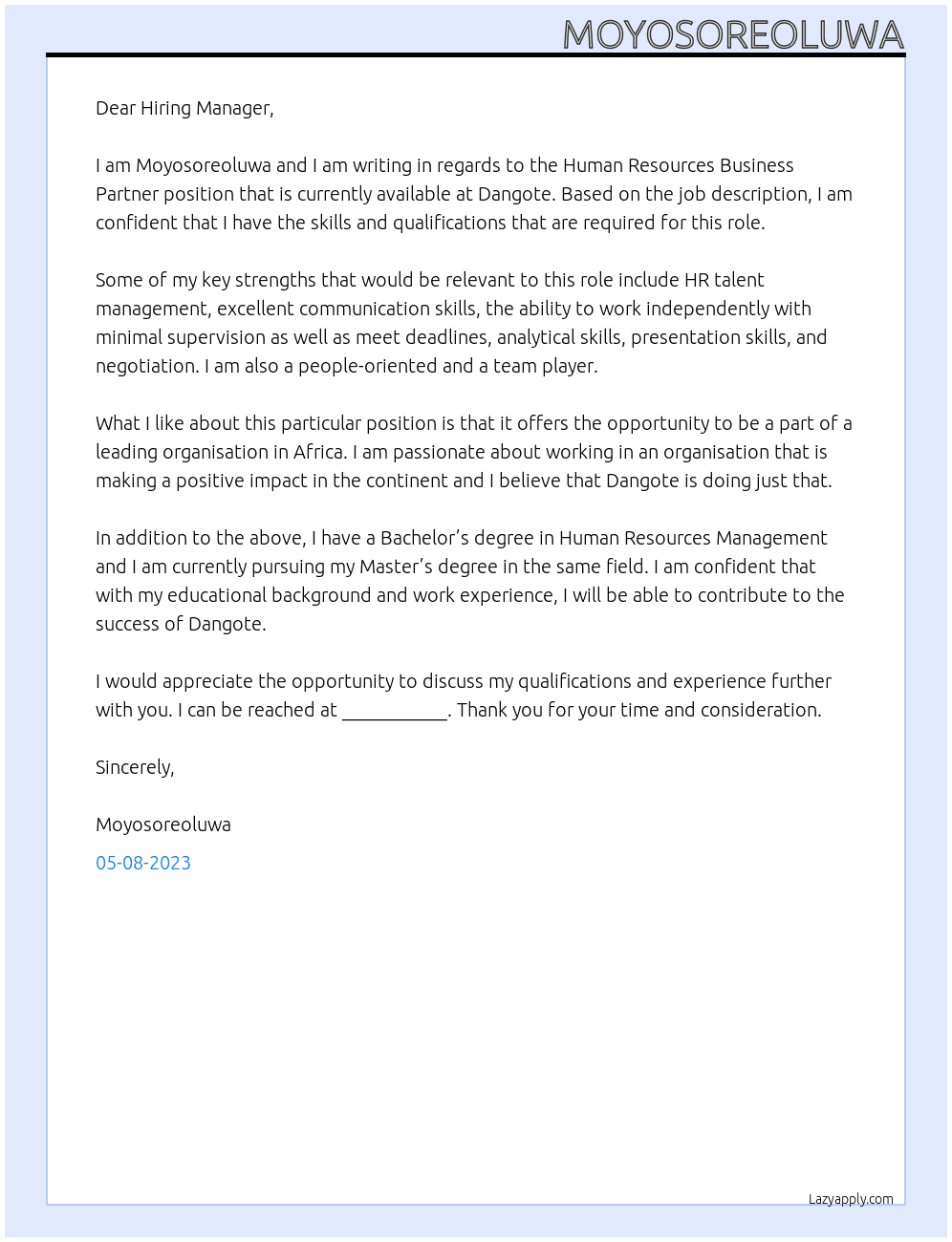 Human Resources Business Partner At Dangote Cover Letter