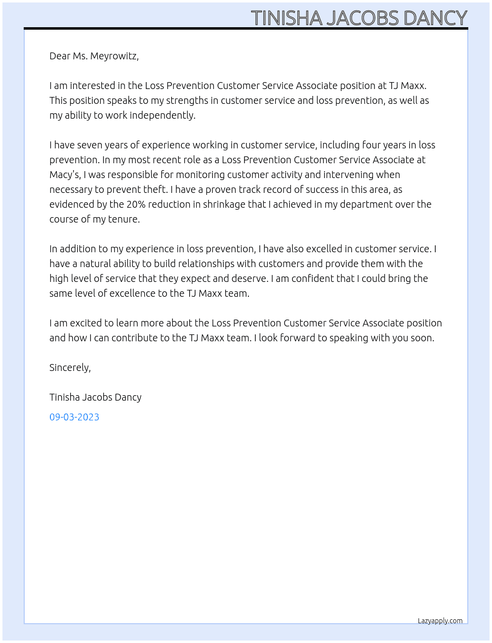 Loss Prevention Customer Service Associate At TJ Maxx Cover Letter