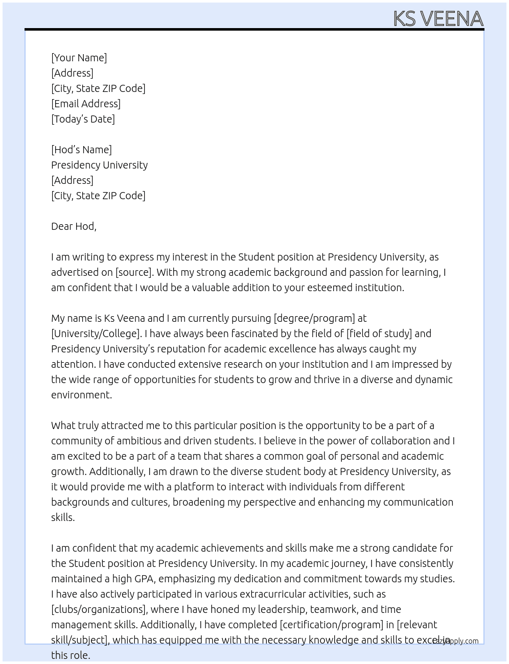 Student At Presidency University  Cover Letter