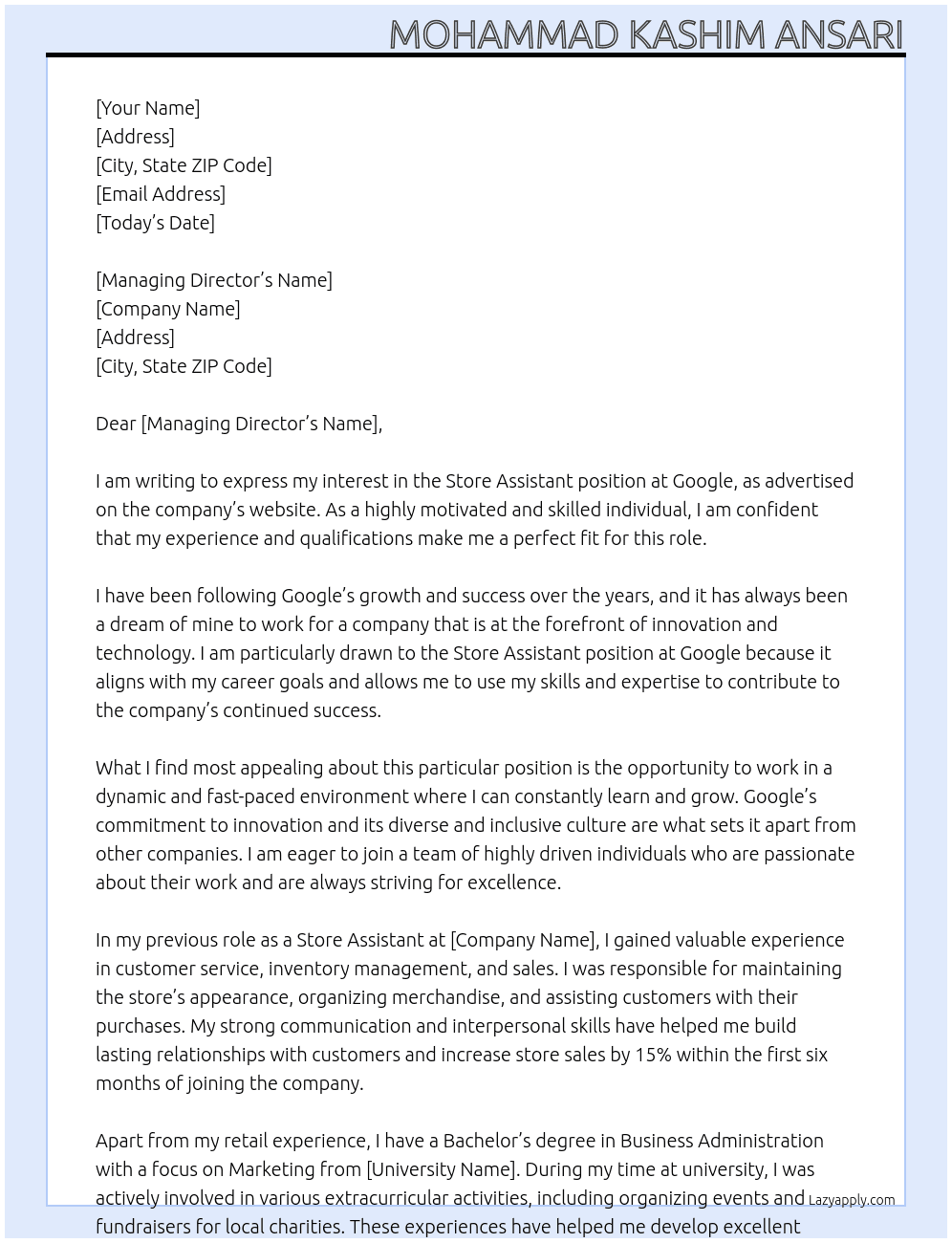 Cover letter for store asdistant - LazyApply