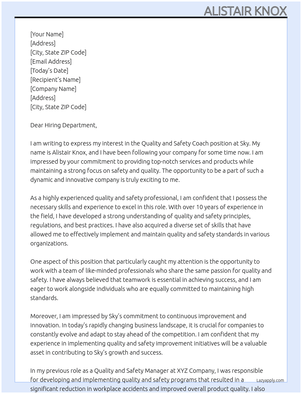 Quality and safety coach At Sky Cover Letter