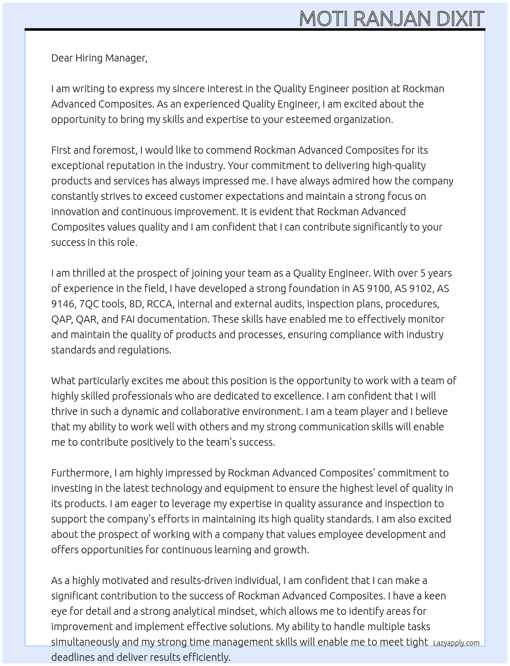 Quality Engineer At Rockman Advanced Composites Cover Letter