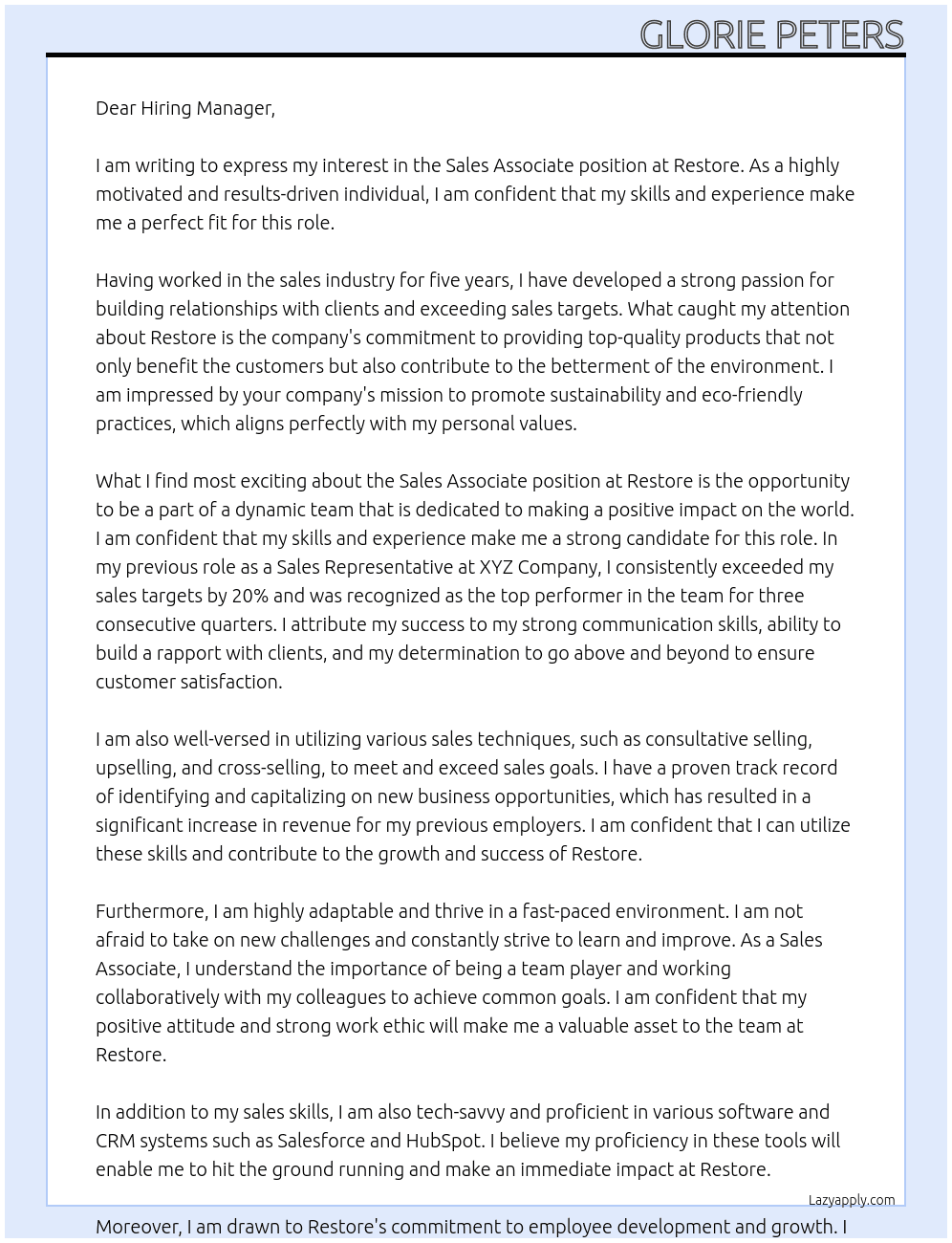 Sales associate  At Restore  Cover Letter
