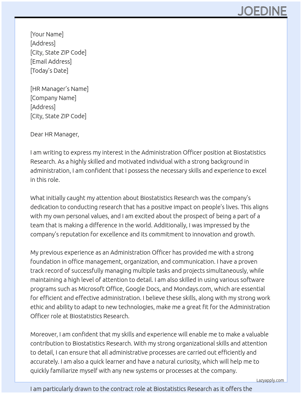 Administration oficer At Biostatistics Research Cover Letter