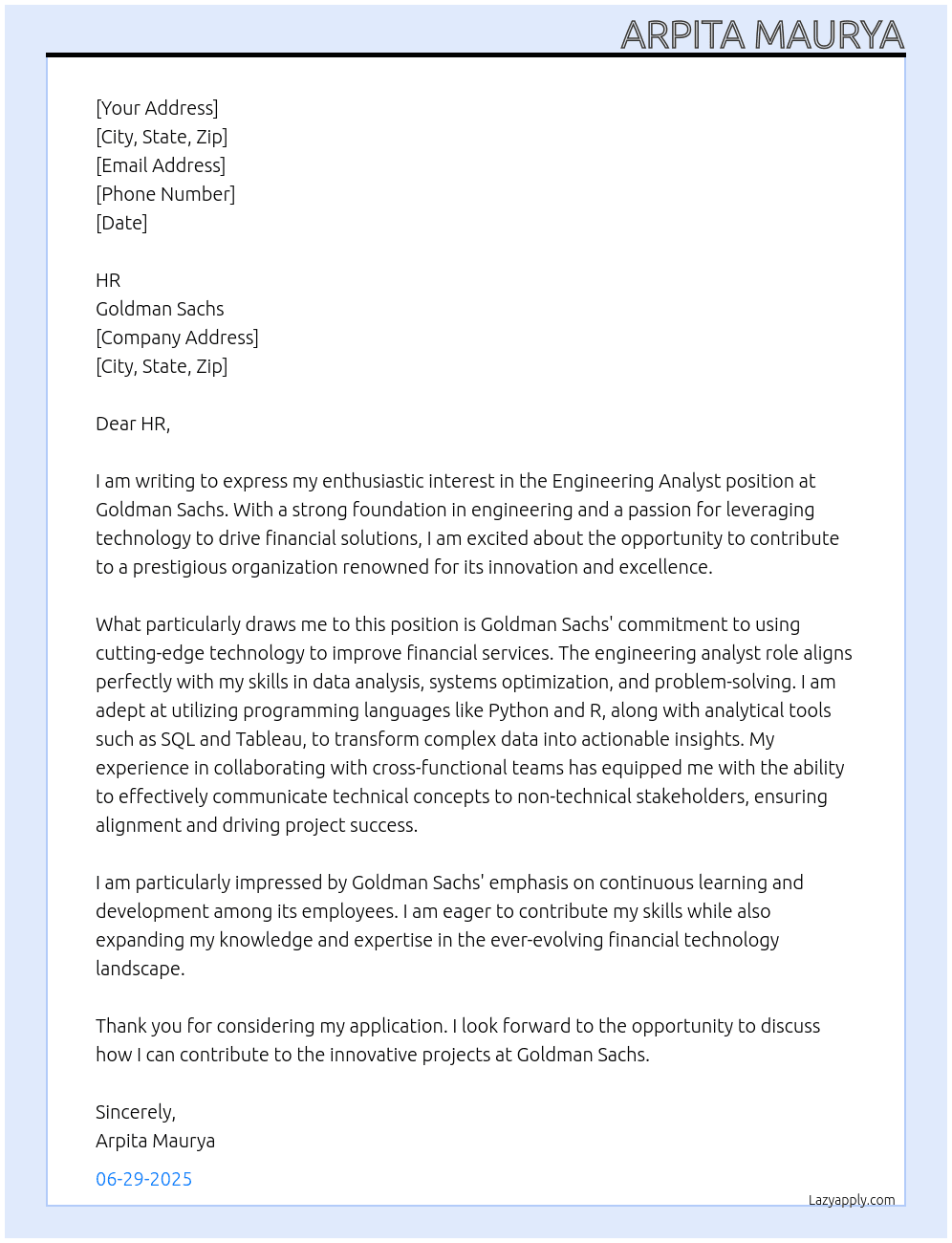 Cover letter for engineering  analyst - LazyApply