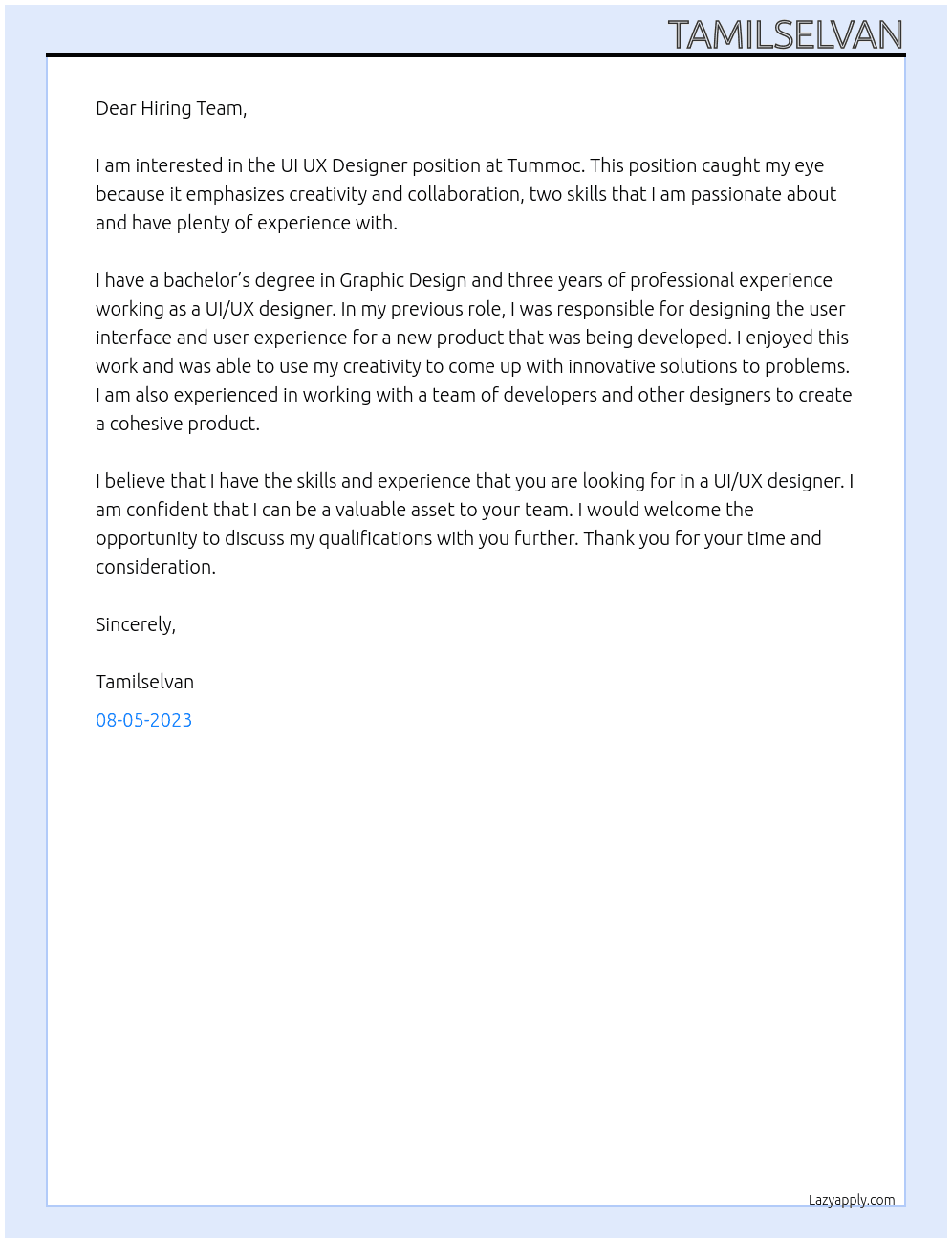 UI UX Designer At Tummoc Cover Letter