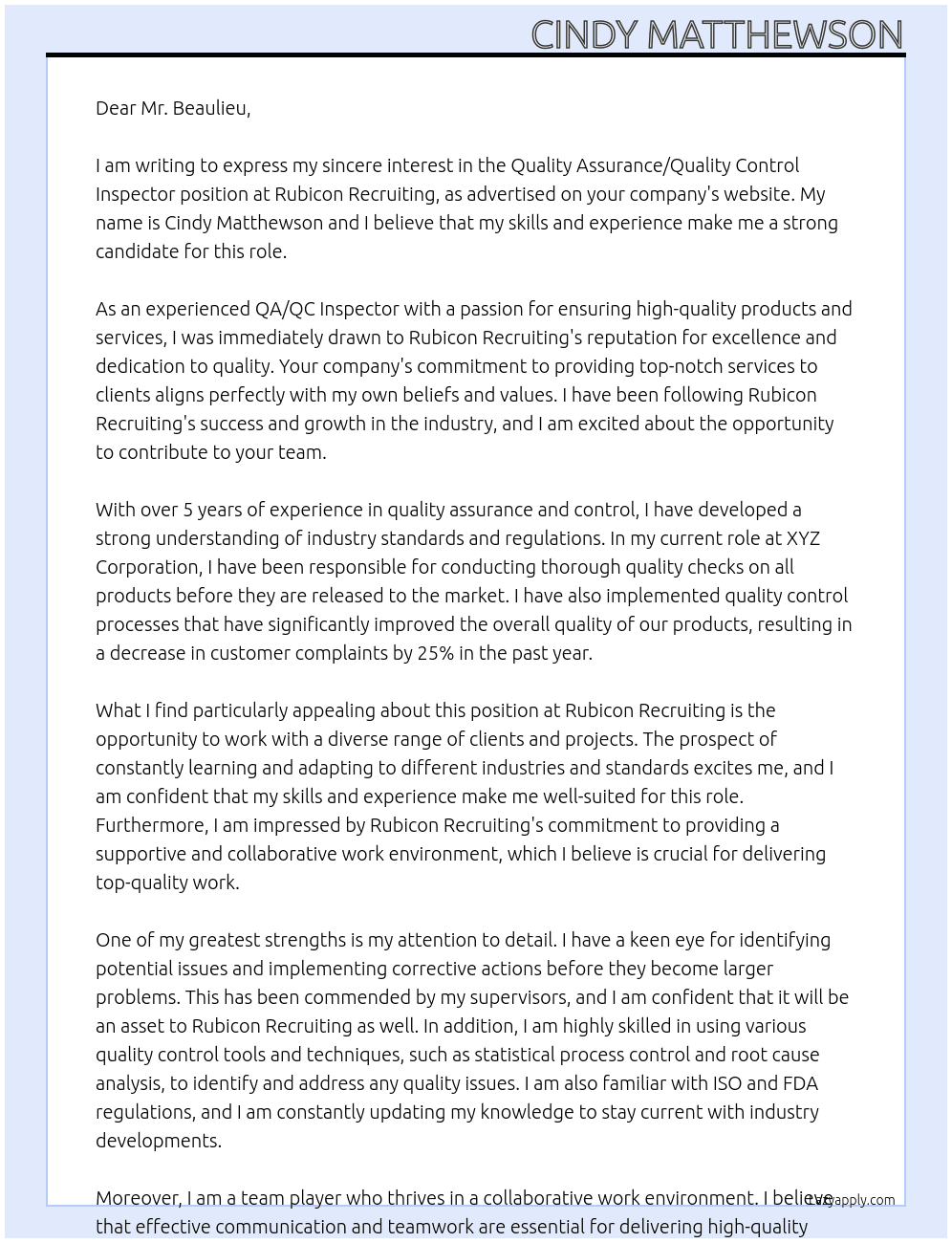 Quality Assurance/Quality Control Inspector At Rubicon Recruiting Cover Letter