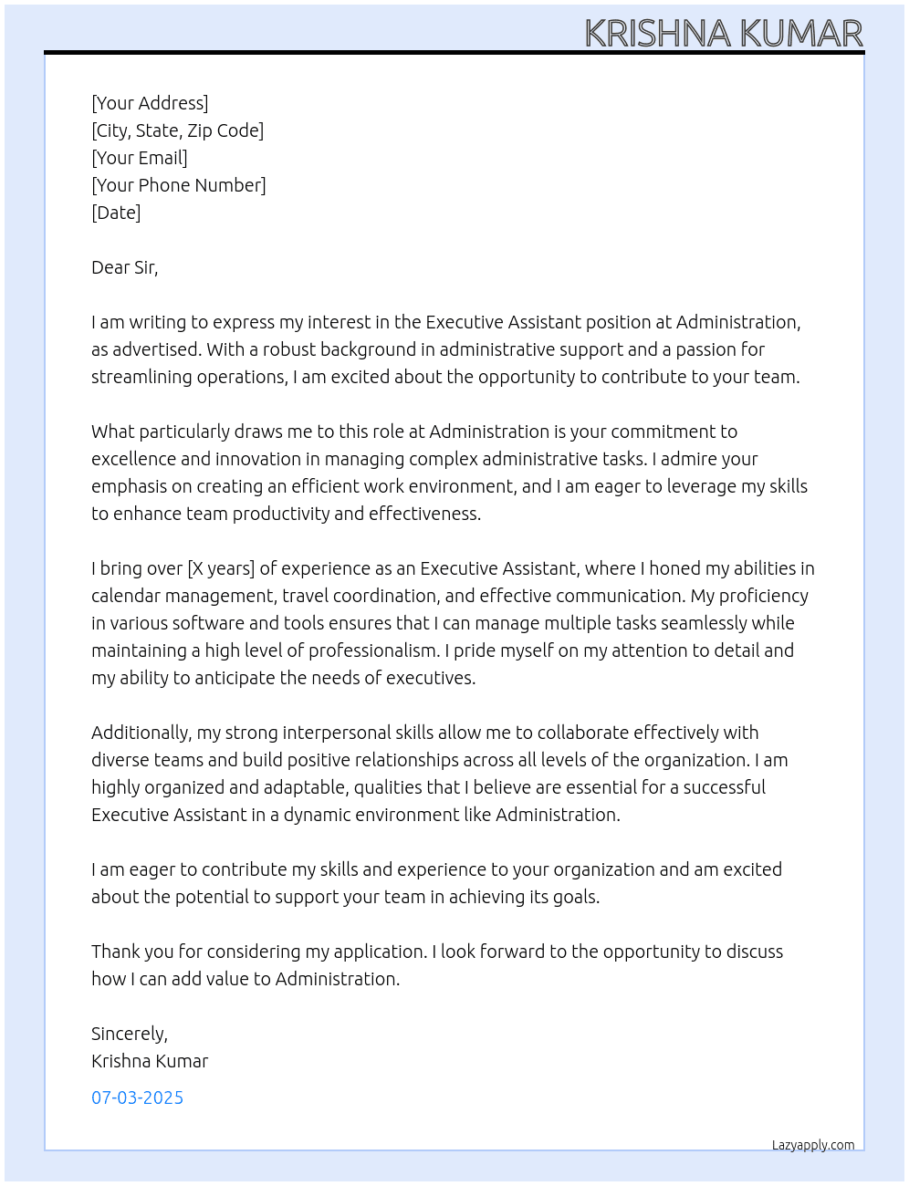 Executive Assistant  At Administration  Cover Letter