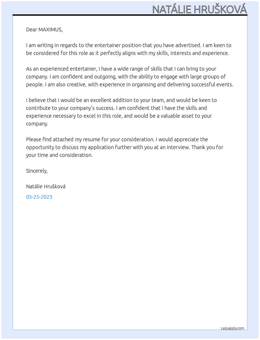 entertainer At MAXIMUS Cover Letter
