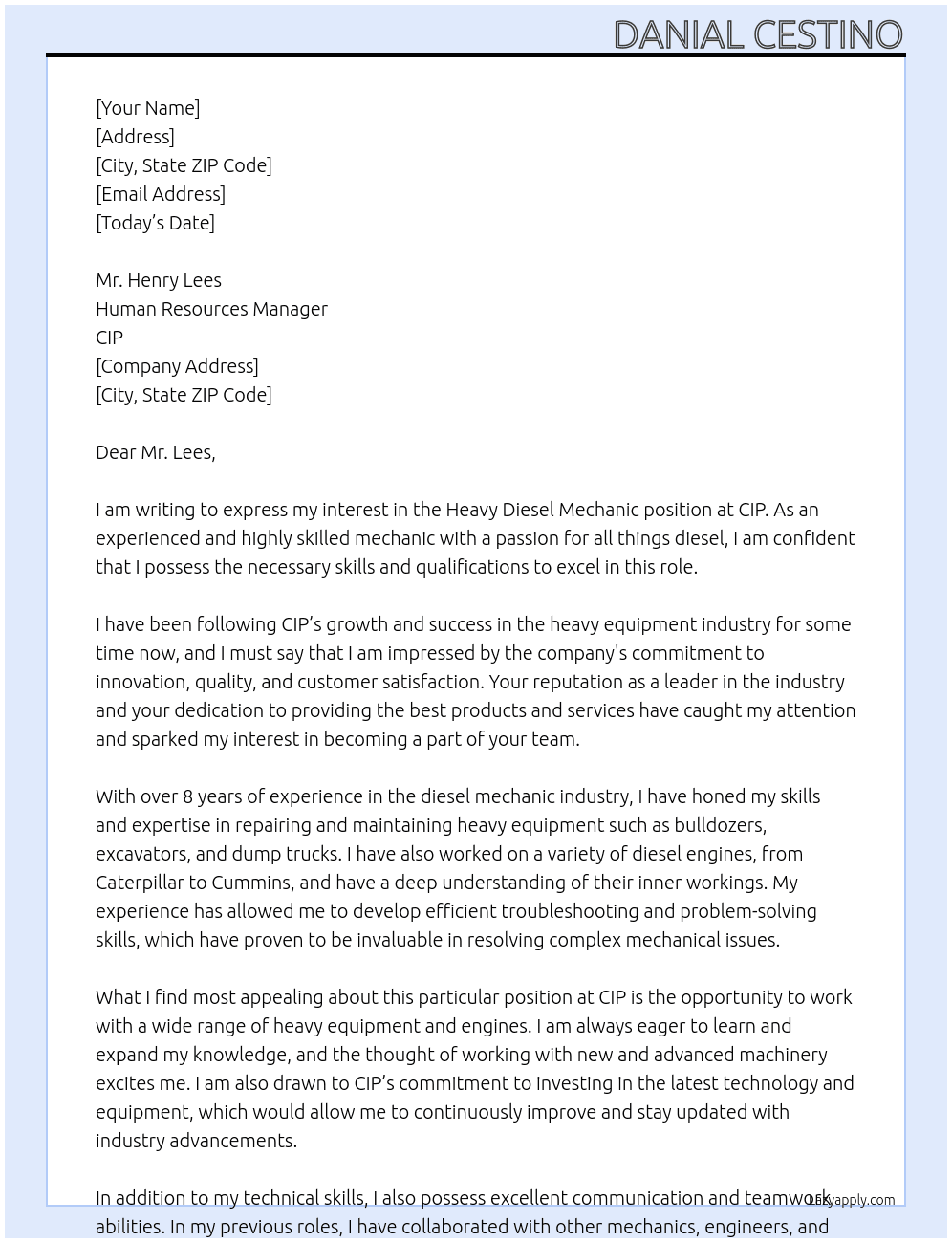 heavy diesel mechanic At CIP Cover Letter