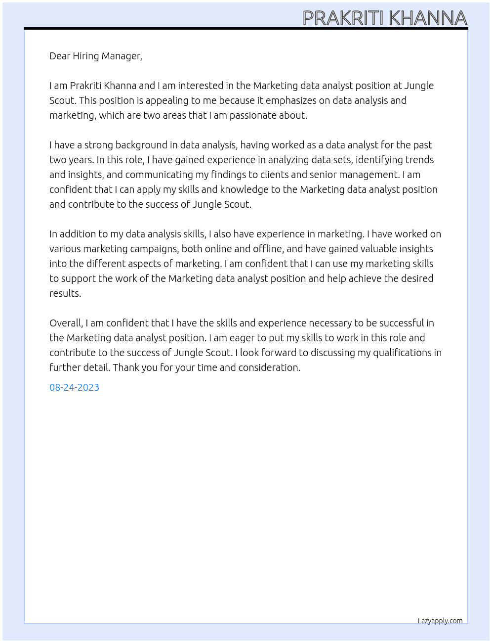 Marketing data analyst At Jungle Scout Cover Letter