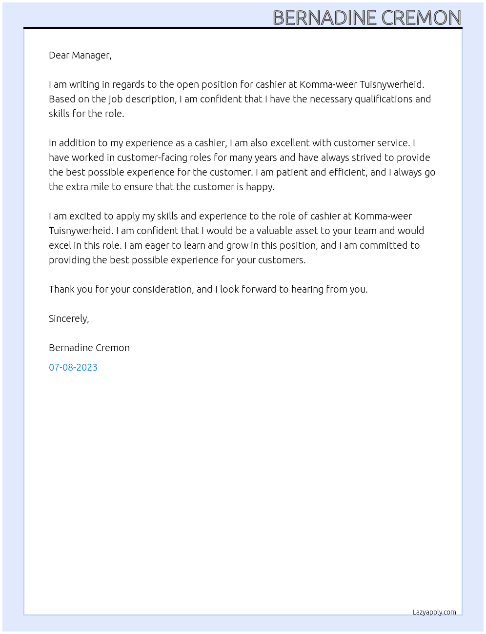 cashier At Komma-weer Tuisnywerheid Cover Letter
