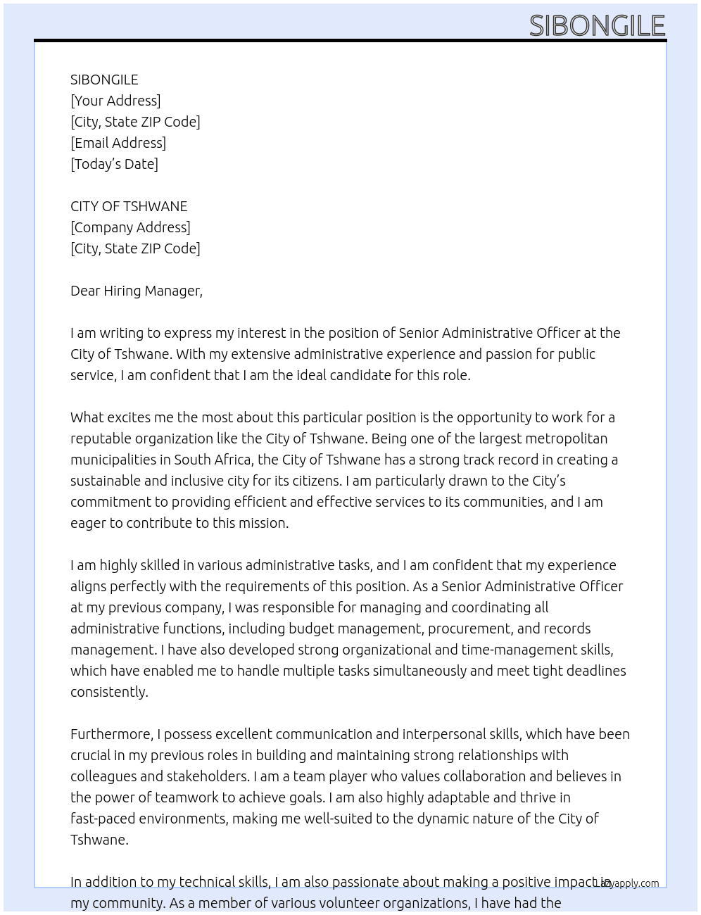 SENIOR ADMINISTRATIVE OFFICER At CITY OF TSHWANE Cover Letter