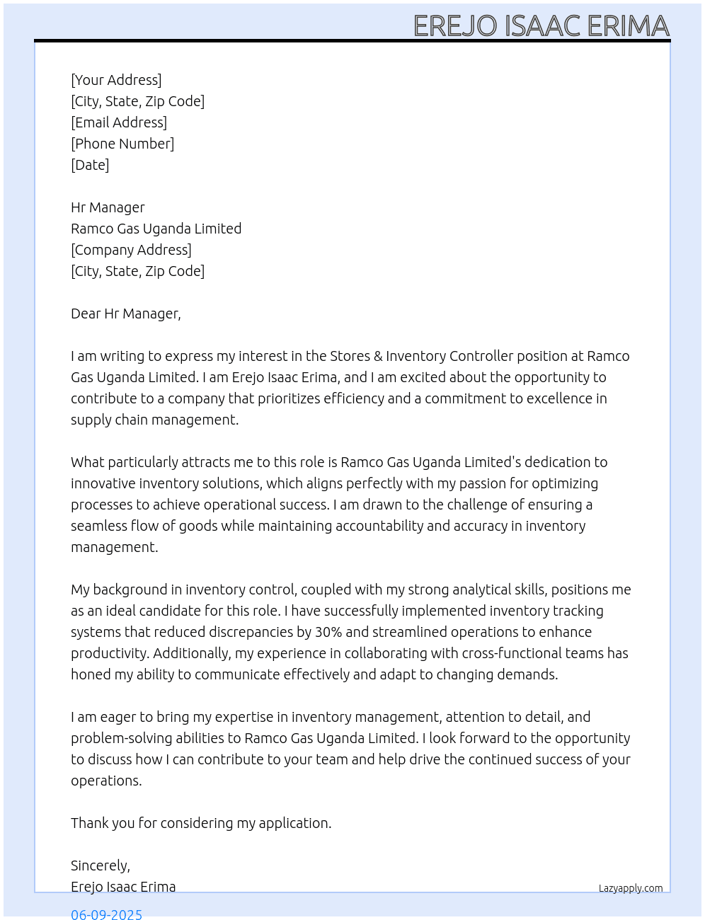 Stores &Inventory Controller  At Ramco Gas Uganda Limited Cover Letter