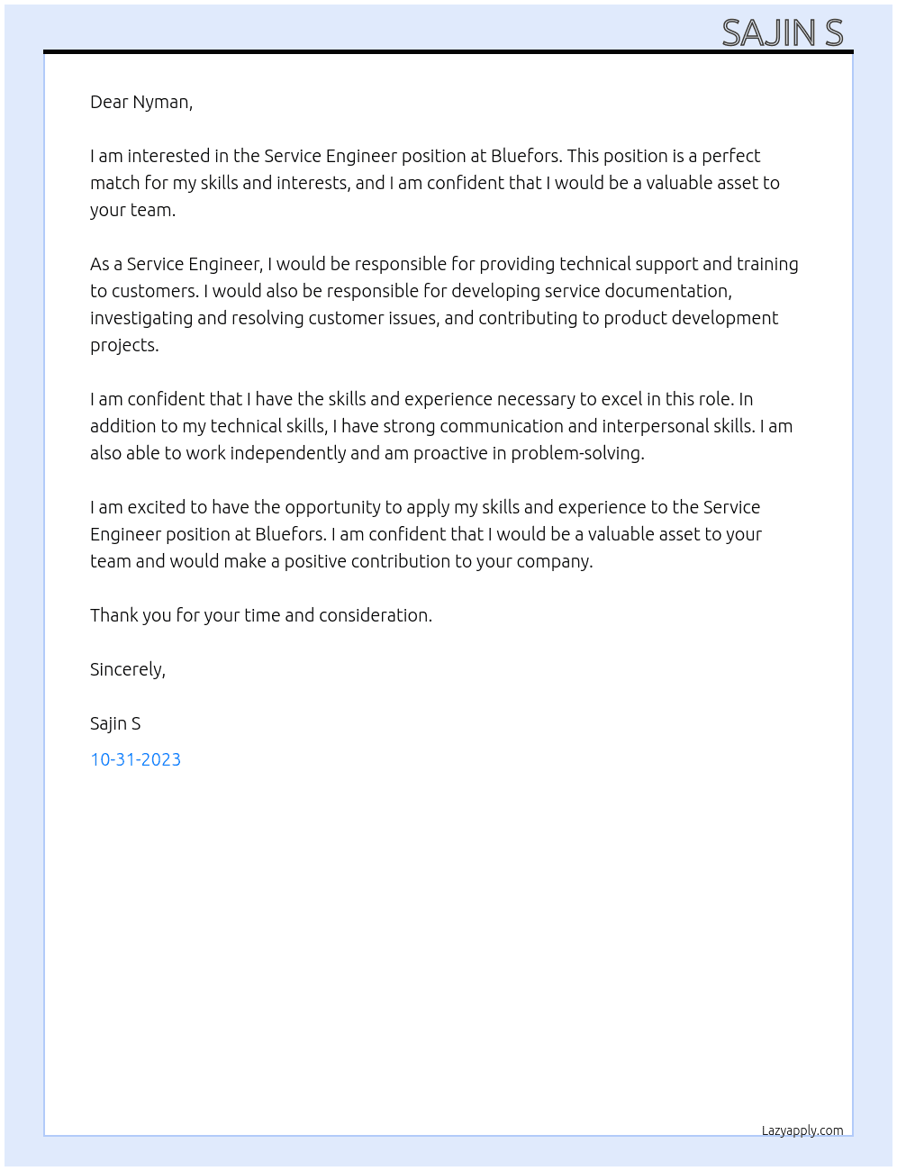 Service engineer  At Bluefors Cover Letter