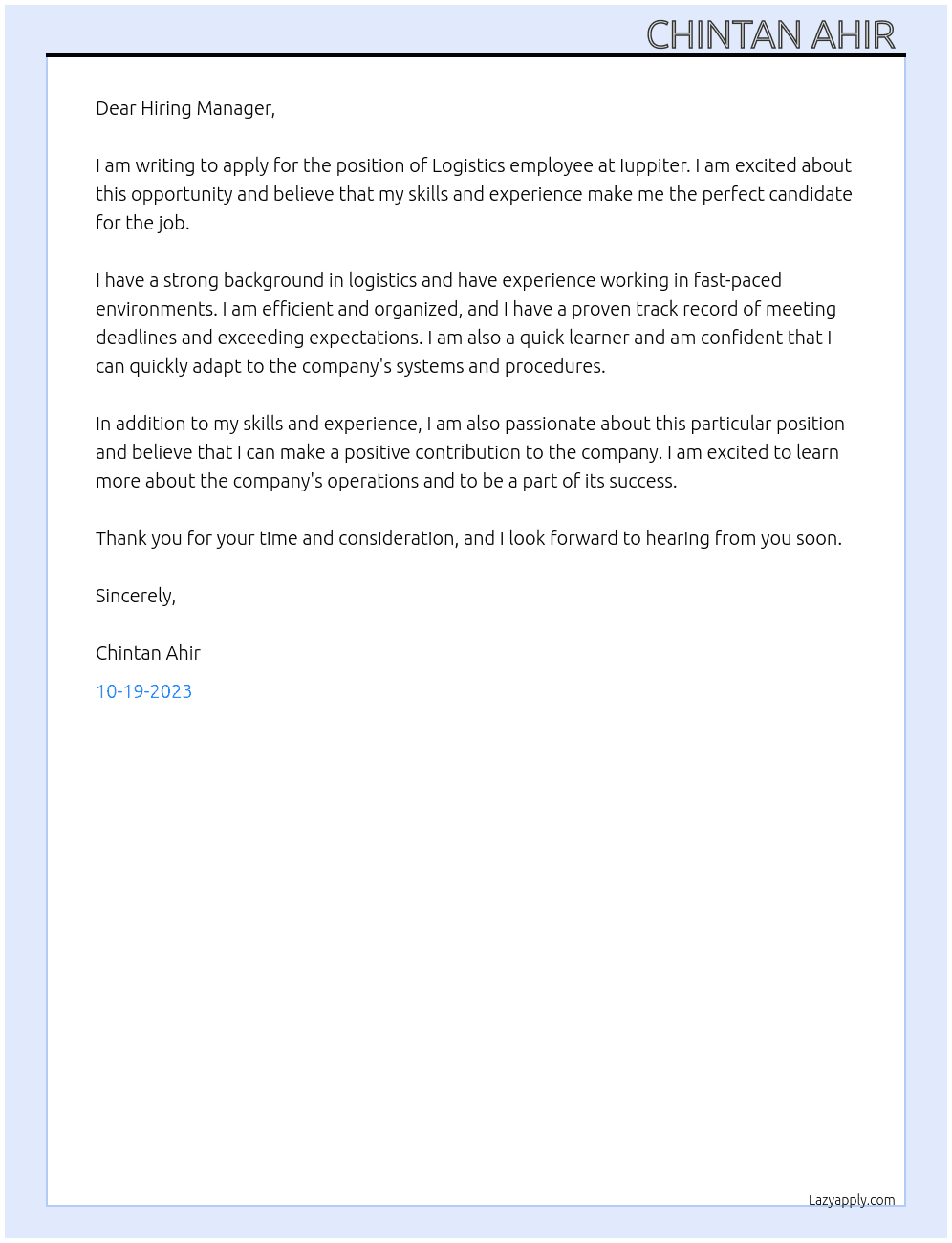 Logistics employee  At Iuppiter Cover Letter