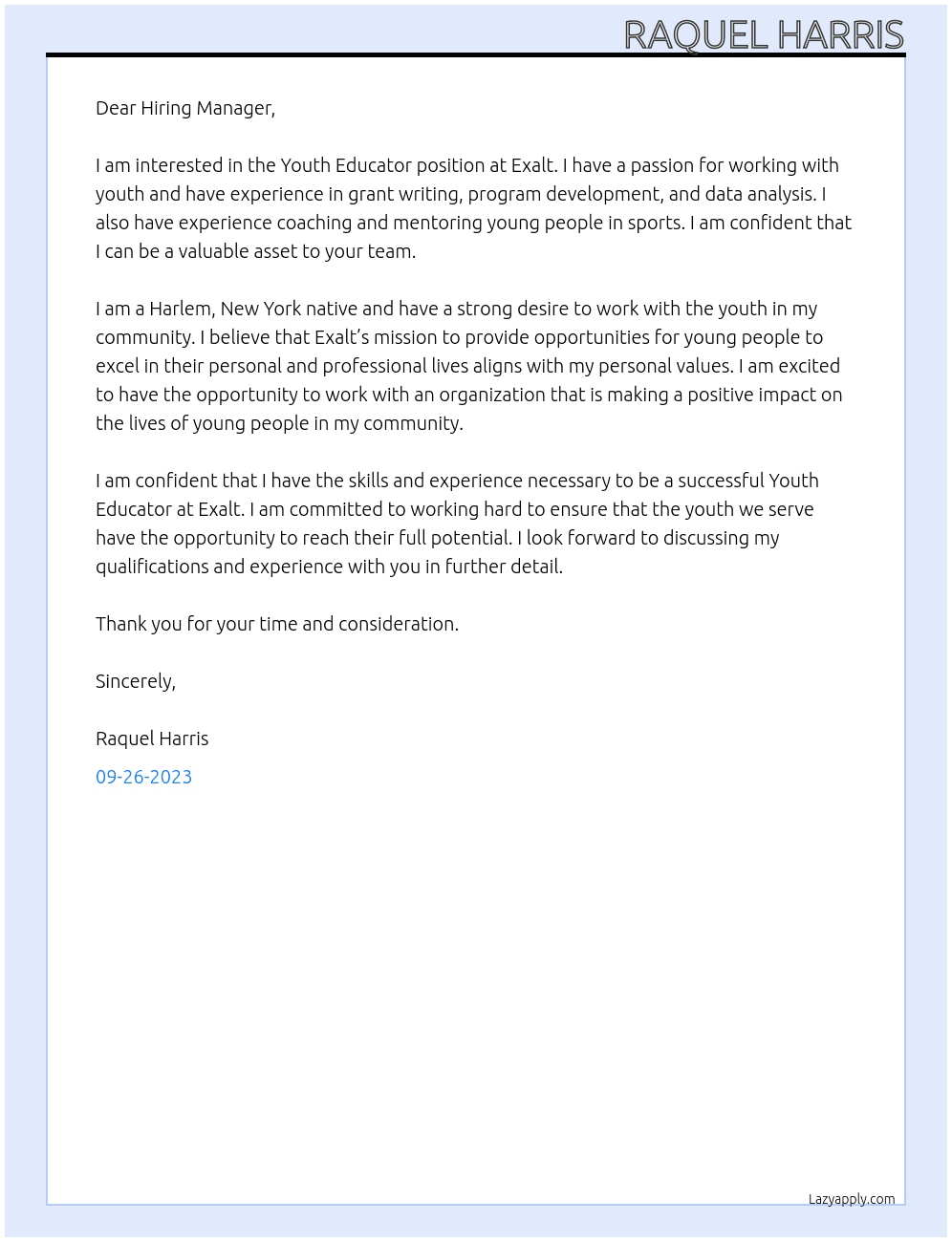 Youth Educator At Exalt Cover Letter