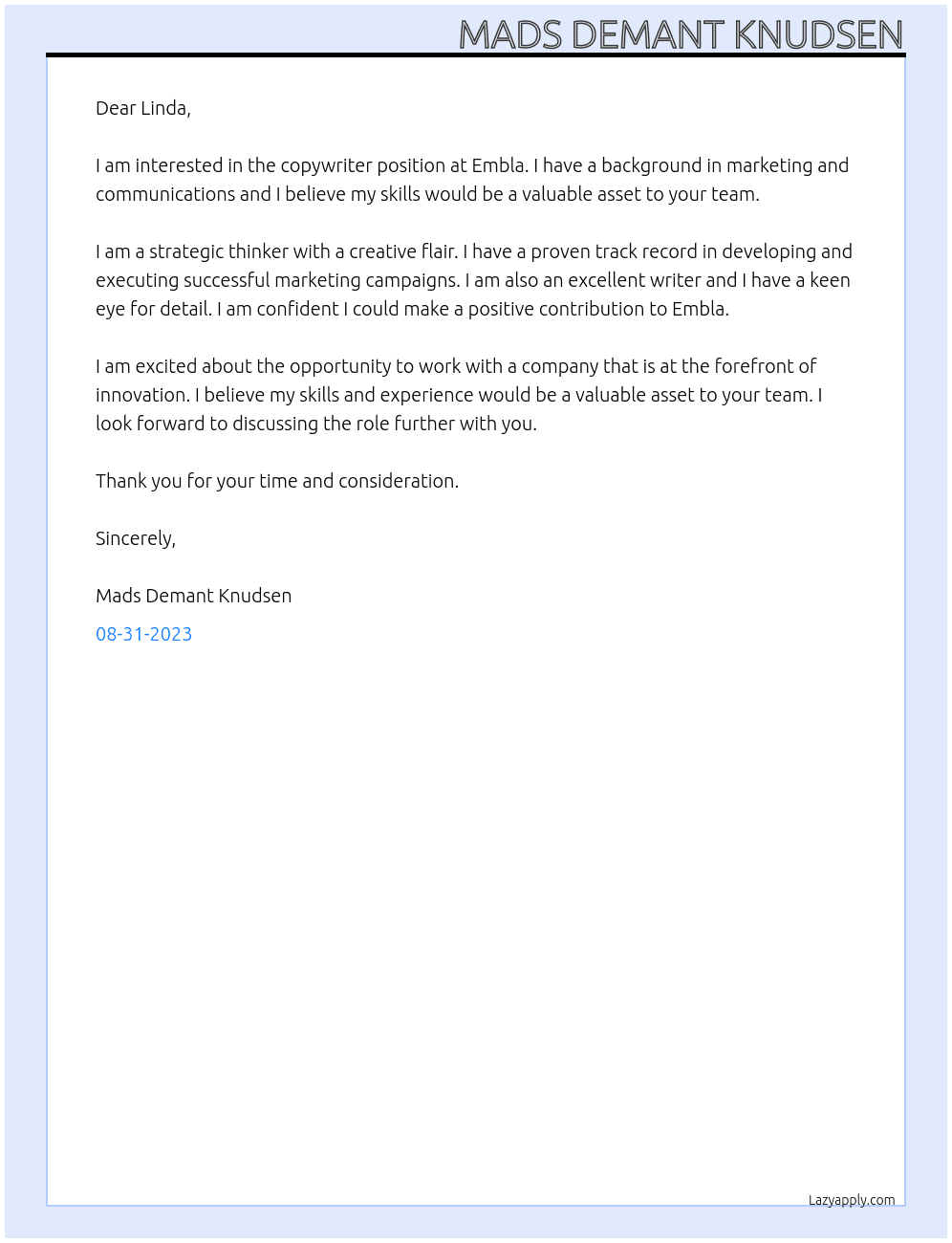Copywriter At Embla Cover Letter