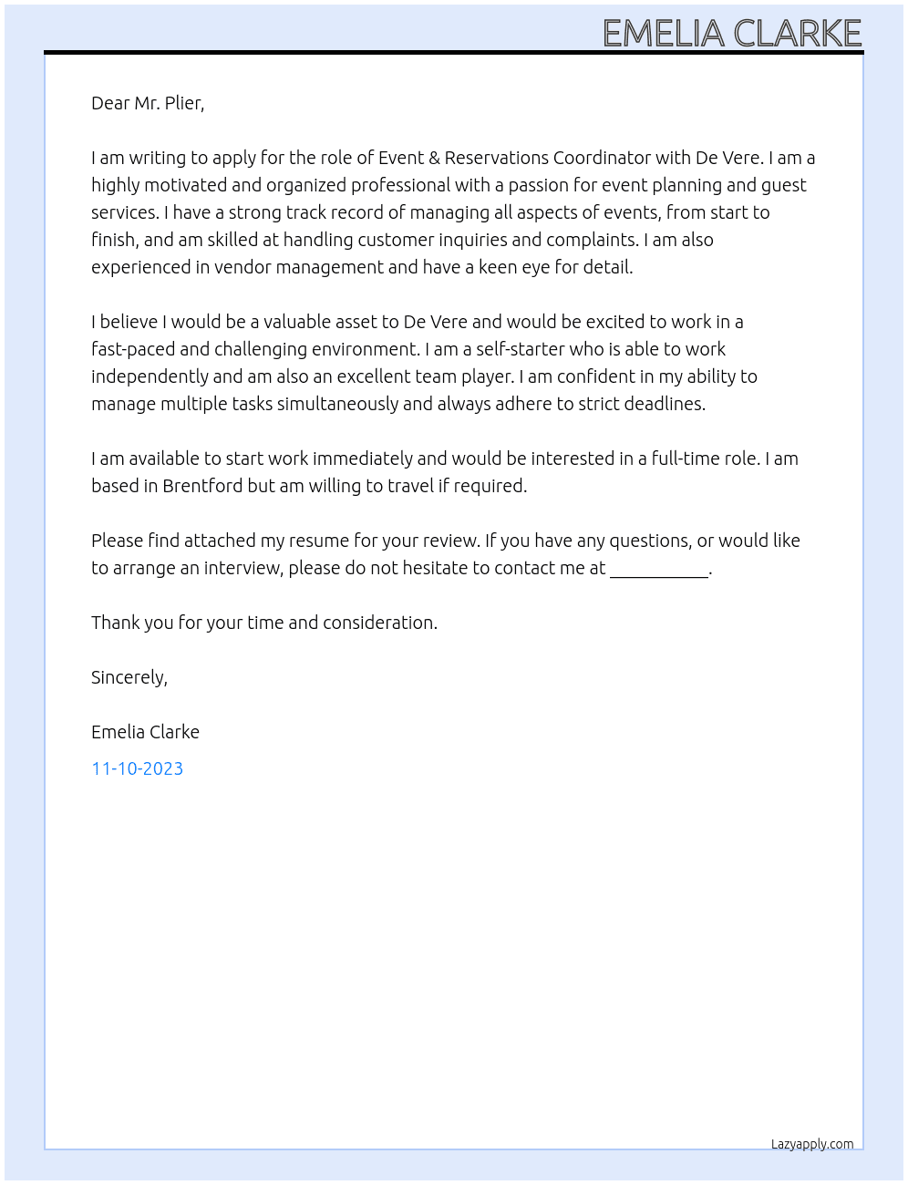 EVENTS & RESERVATIONS COORDINATOR At De Vere Cover Letter