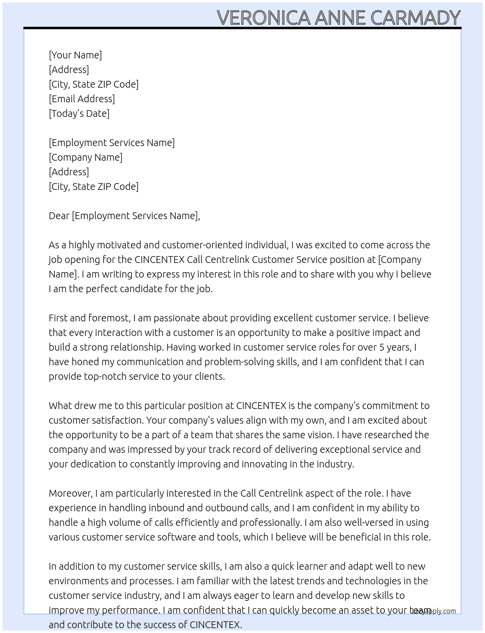 Cover letter for cincentex  :call centrelink customer service - LazyApply