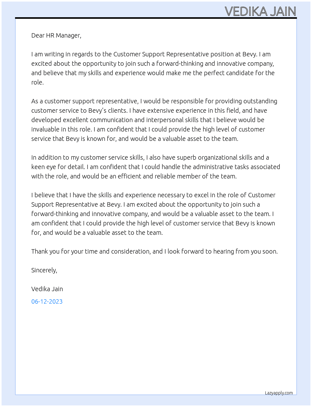 Customer Support Representative At Bevy Cover Letter