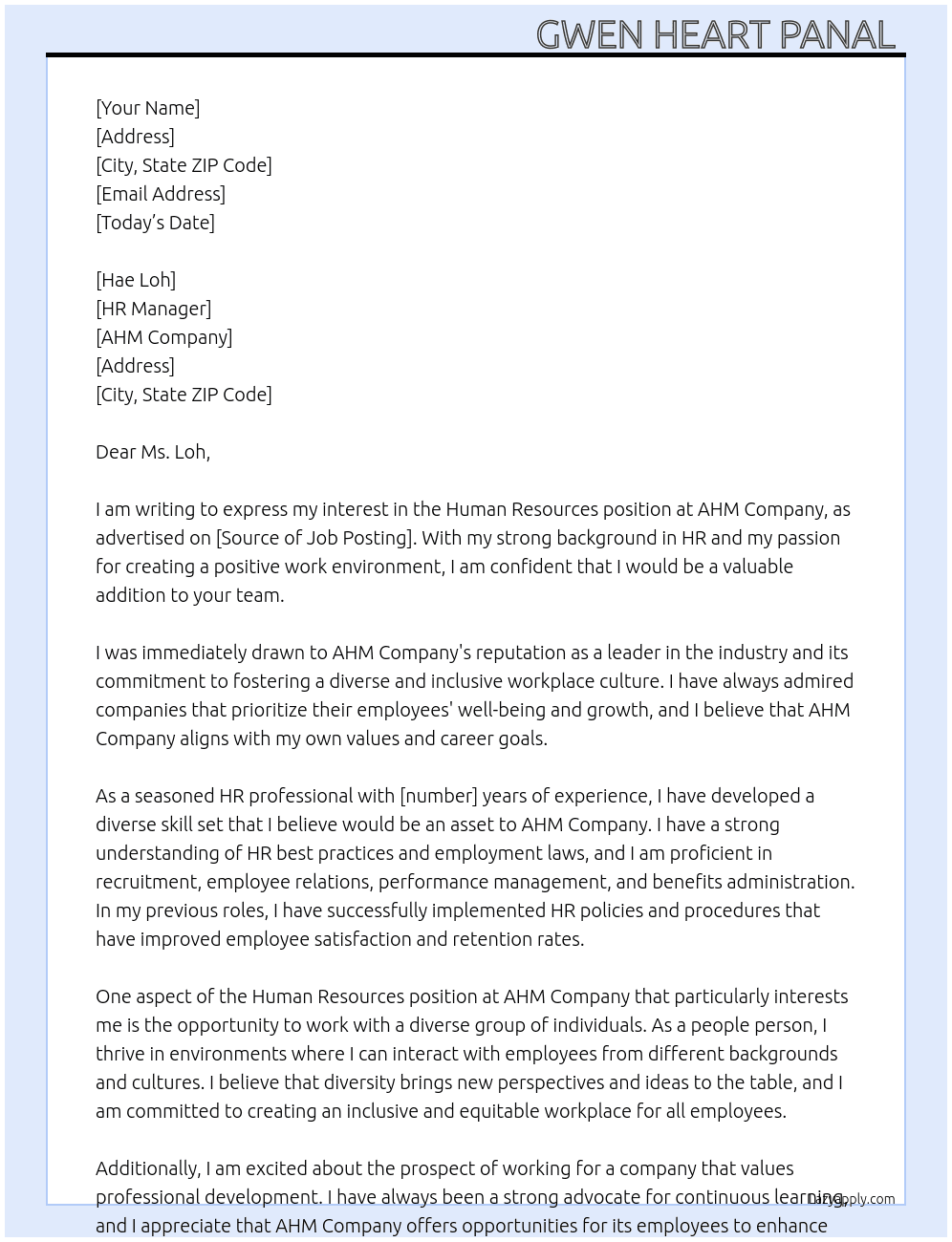 human resources  At AHM COMPANY  Cover Letter