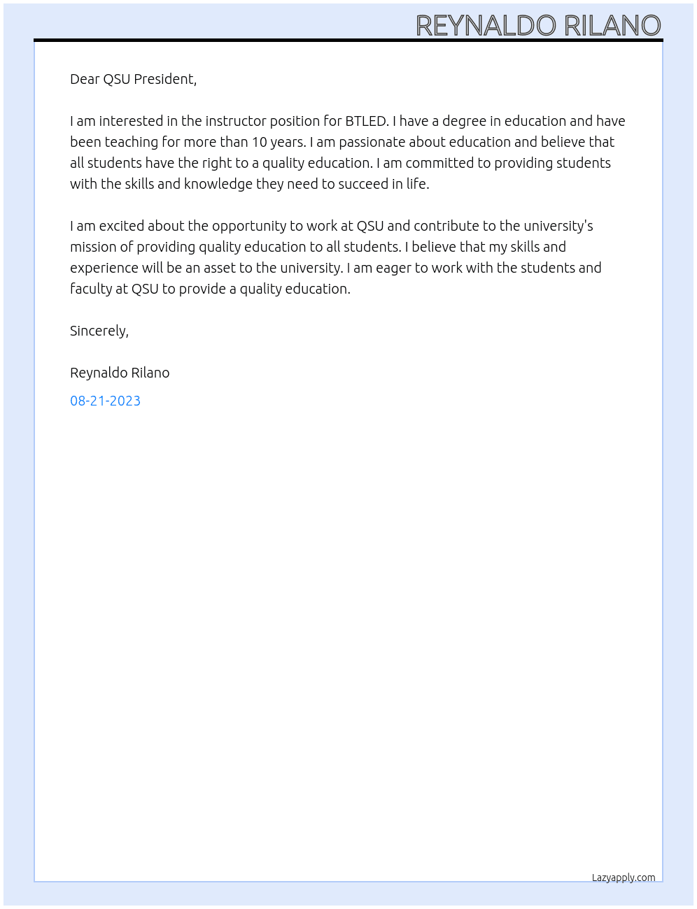 Instructor for BTLED At QUIRINO STATE UNIVERSITY Cover Letter