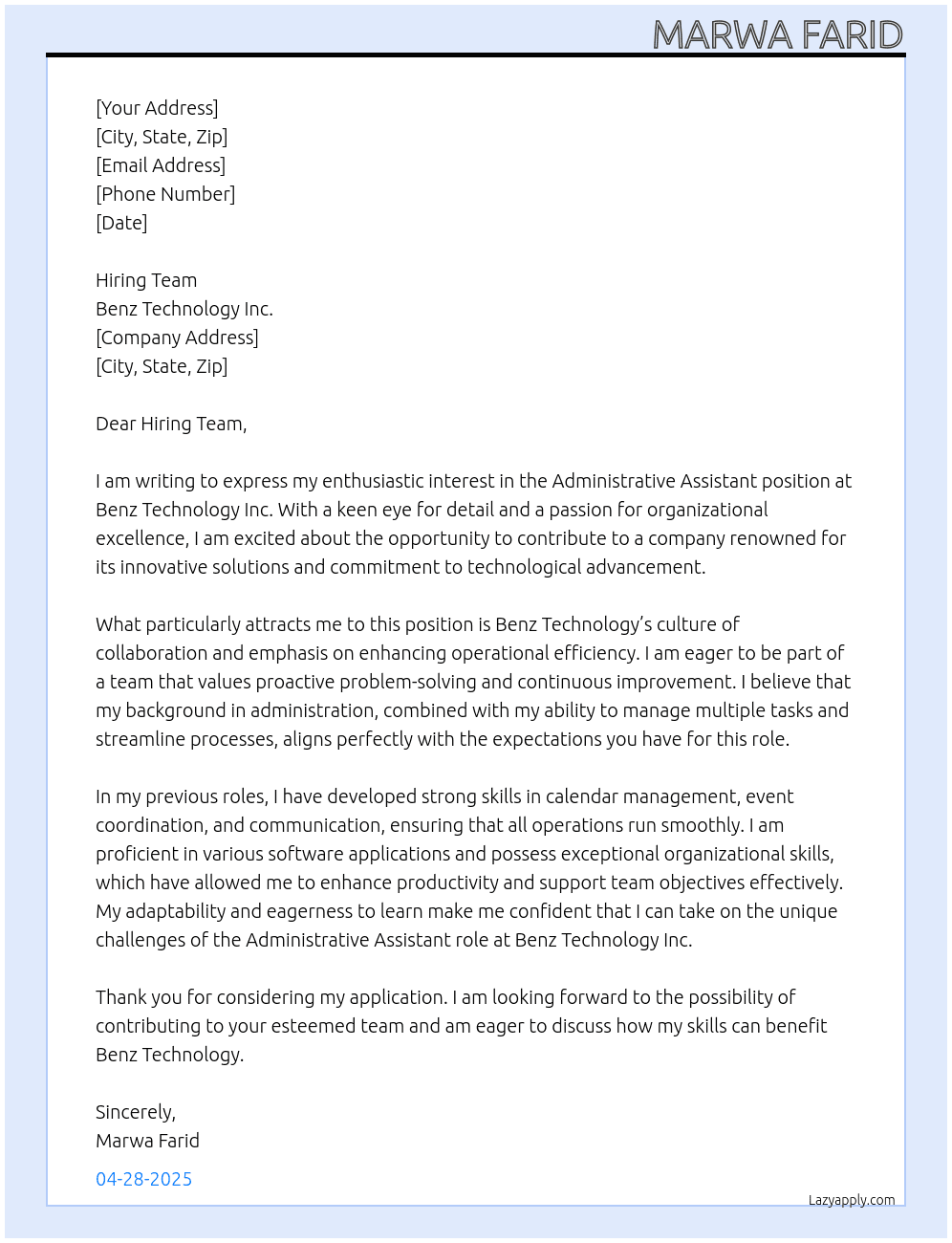 Administrative Assistant At Benz Technology Inc Cover Letter