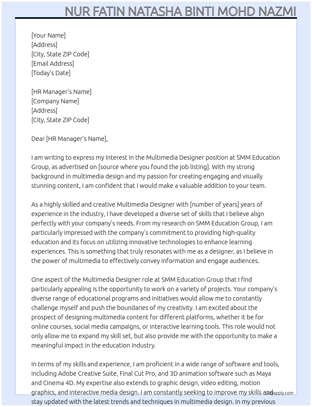 Multimedia Designer At SMM Education Group Cover Letter