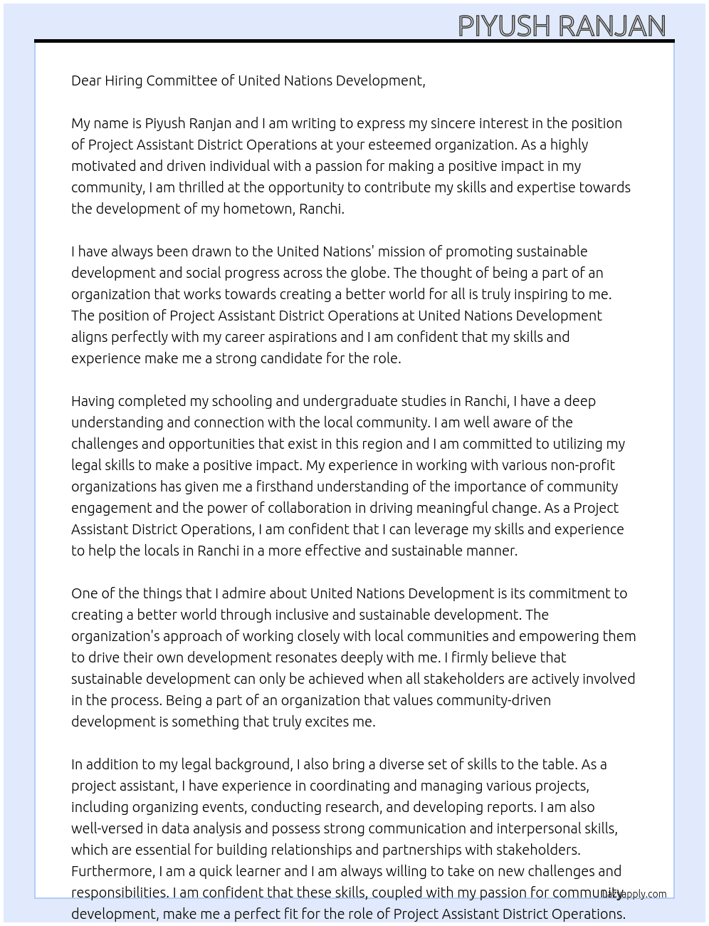 Project assistant district operations  At United Nations development r Cover Letter