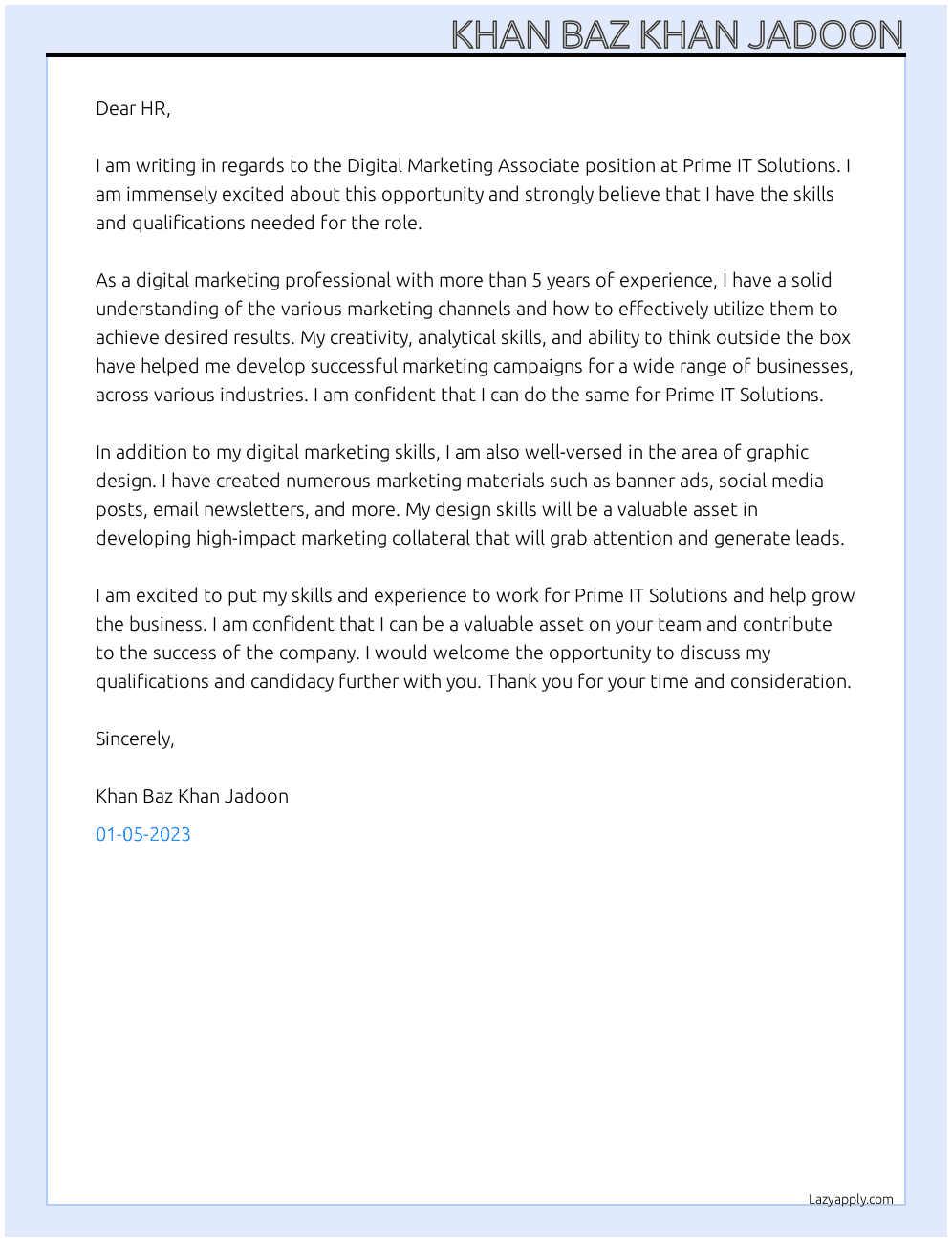 Digital Marketing Associate At Prime IT Solutions Cover Letter