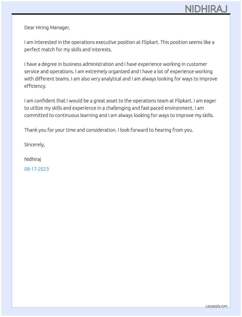 Operations executive At Flipkart Cover Letter