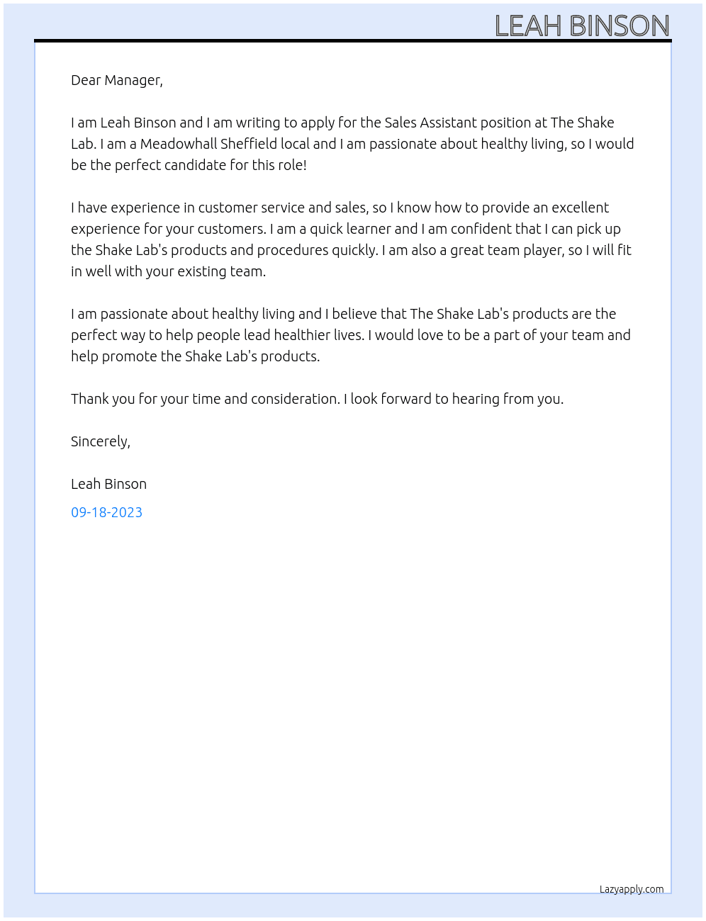 Sales Assistant At The Shake Lab Cover Letter