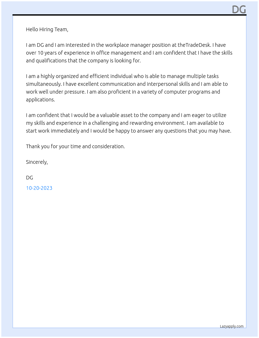 workplace manager At theTradeDesk Cover Letter