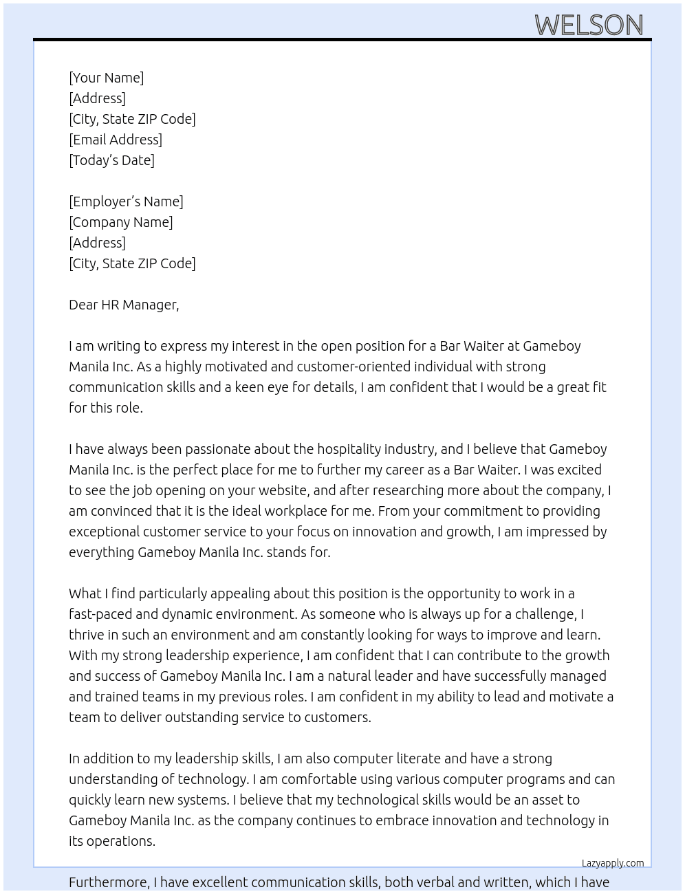 Bar Waiter At Gameboy Manila Inc. Cover Letter
