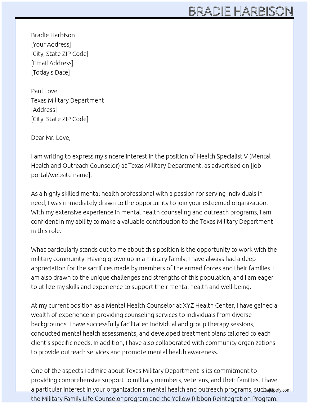 Health Specialist V (Mental Health and Outreach Counselor) At Texas Military Department  Cover Letter