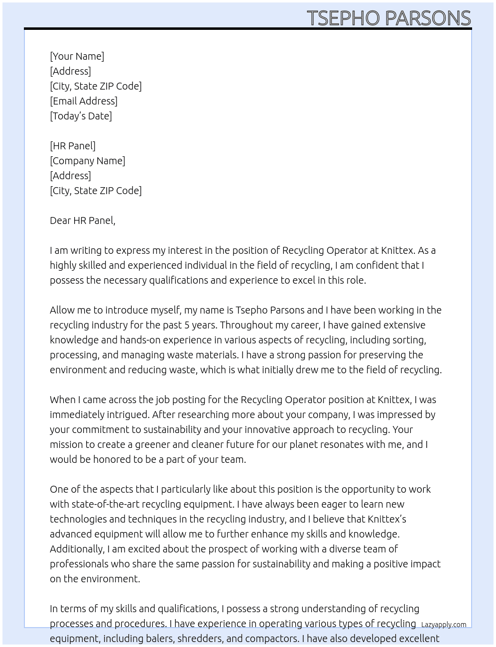 REYCLING OPERATOR At KNITTEX Cover Letter