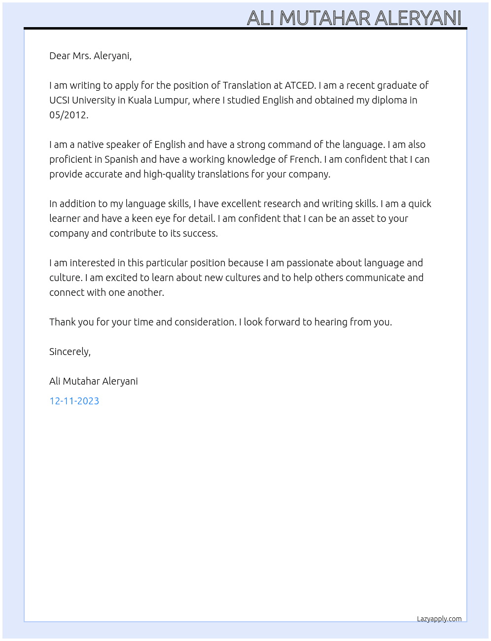 Translation At ATCED  Cover Letter